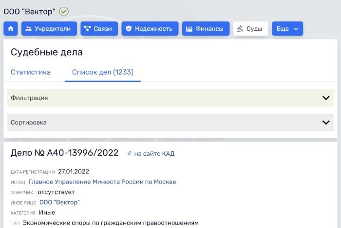 Список судебных дел компании в rusprofile.ru.