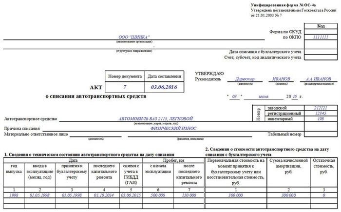 Типовой акт на снятие с учета транспортных средств. Часть 1