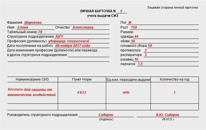 Карточки индивидуального учета выдачи средств индивидуальной защиты 